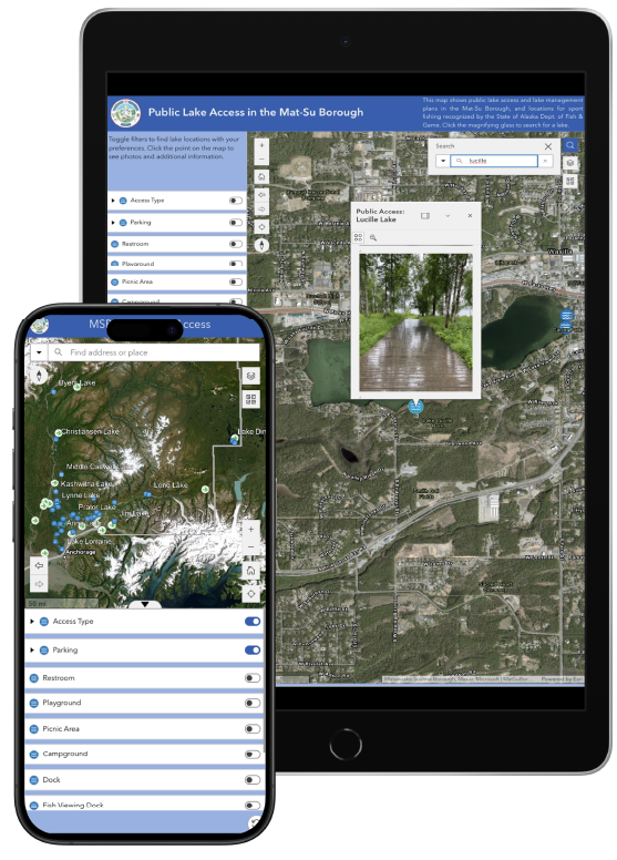 Mat-Su Borough Public Lakes Viewer displayed on tablet and mobile phone.